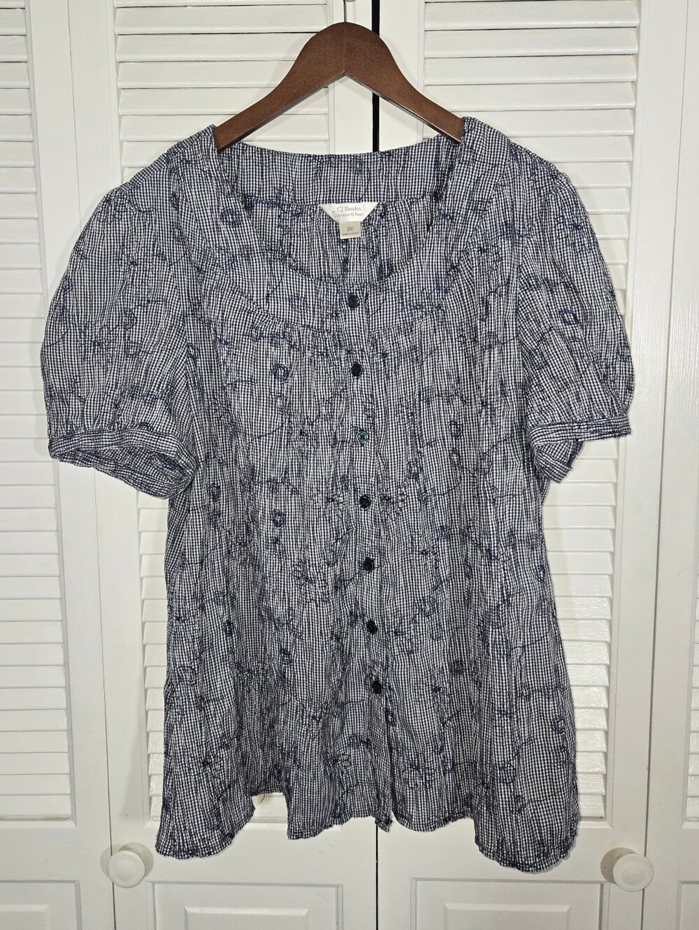CJ Banks Navy White Crinkle plisse Peasant Button Front Shirt Sleeve Blouse 2X